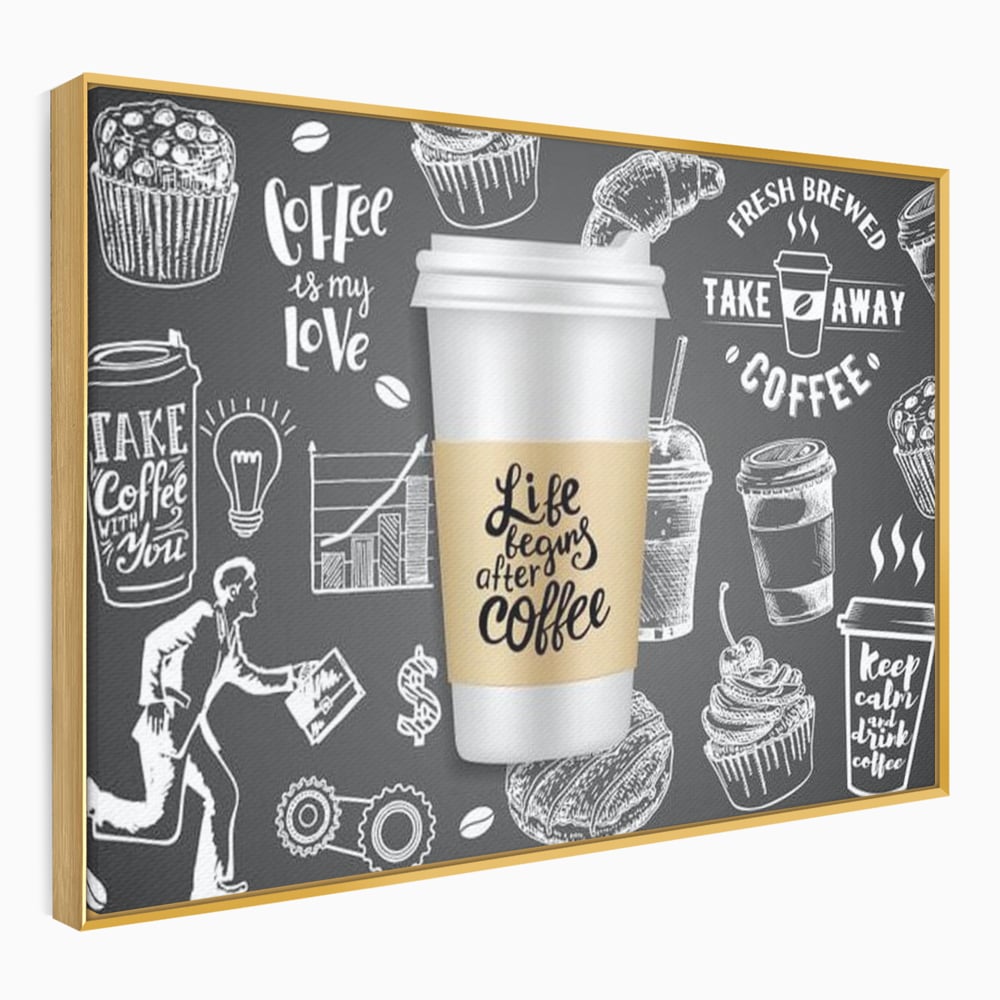 Tablou canvas cu ilustratie tip tabla cu cafea, in rama de aluminiu auriu